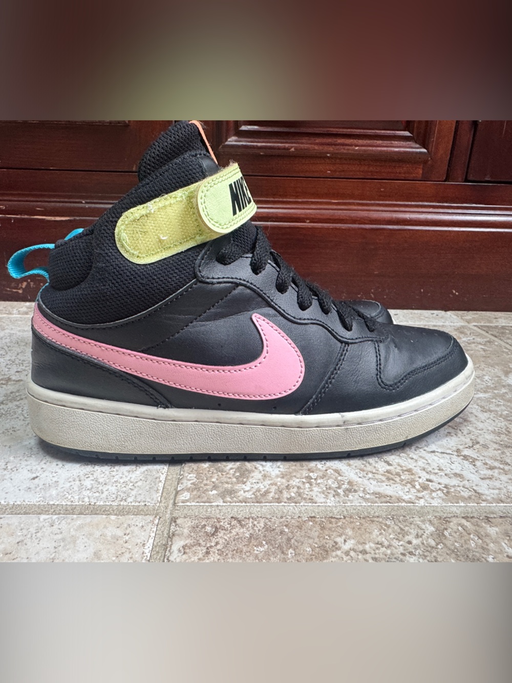Nike Kids Black High-Top Sneakers with Pink Swoosh and Lime Strap